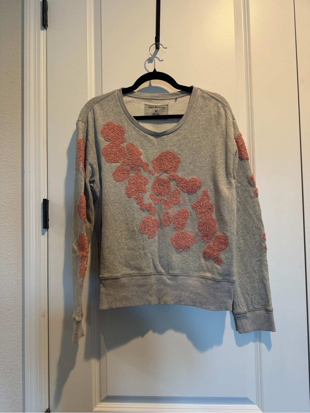 True Religion Gray Sweatshirt with Pink Floral Chenille Appliqué